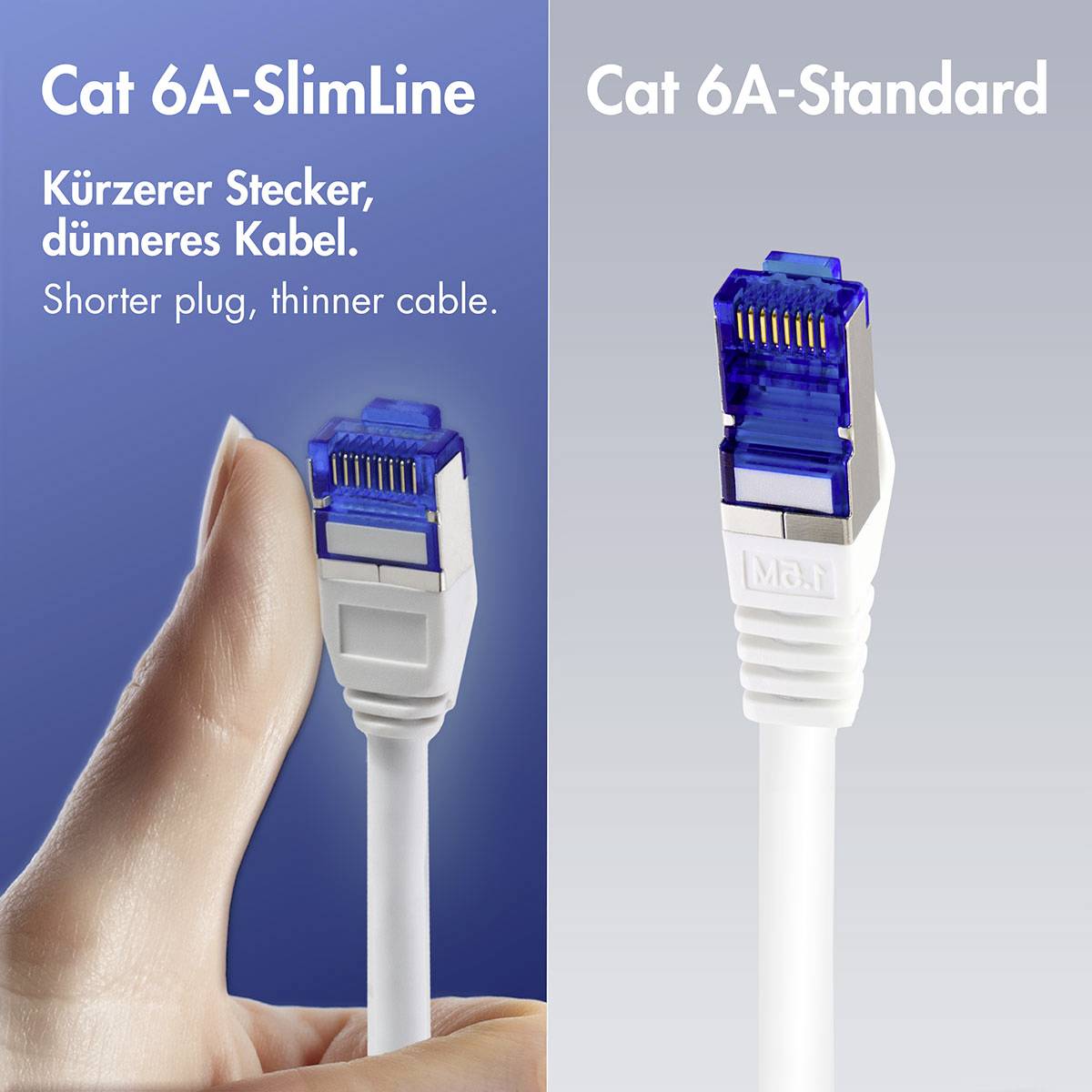 Nebeneinander-Vergleich von Cat 6A-SlimLine und Cat 6A-Standard Ethernet-Steckern, der zeigt, dass der SlimLine einen kürzeren Stecker und ein dünneres Kabel hat.