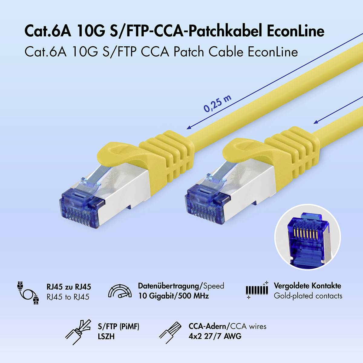 Produktbild eines gelben Cat.6A 10G S/FTP CCA Ethernet-Patchkabels, 0,25 m lang, mit RJ45-Anschlüssen und Beschriftungen für vergoldete Kontakte und 10 Gigabit/500 MHz.