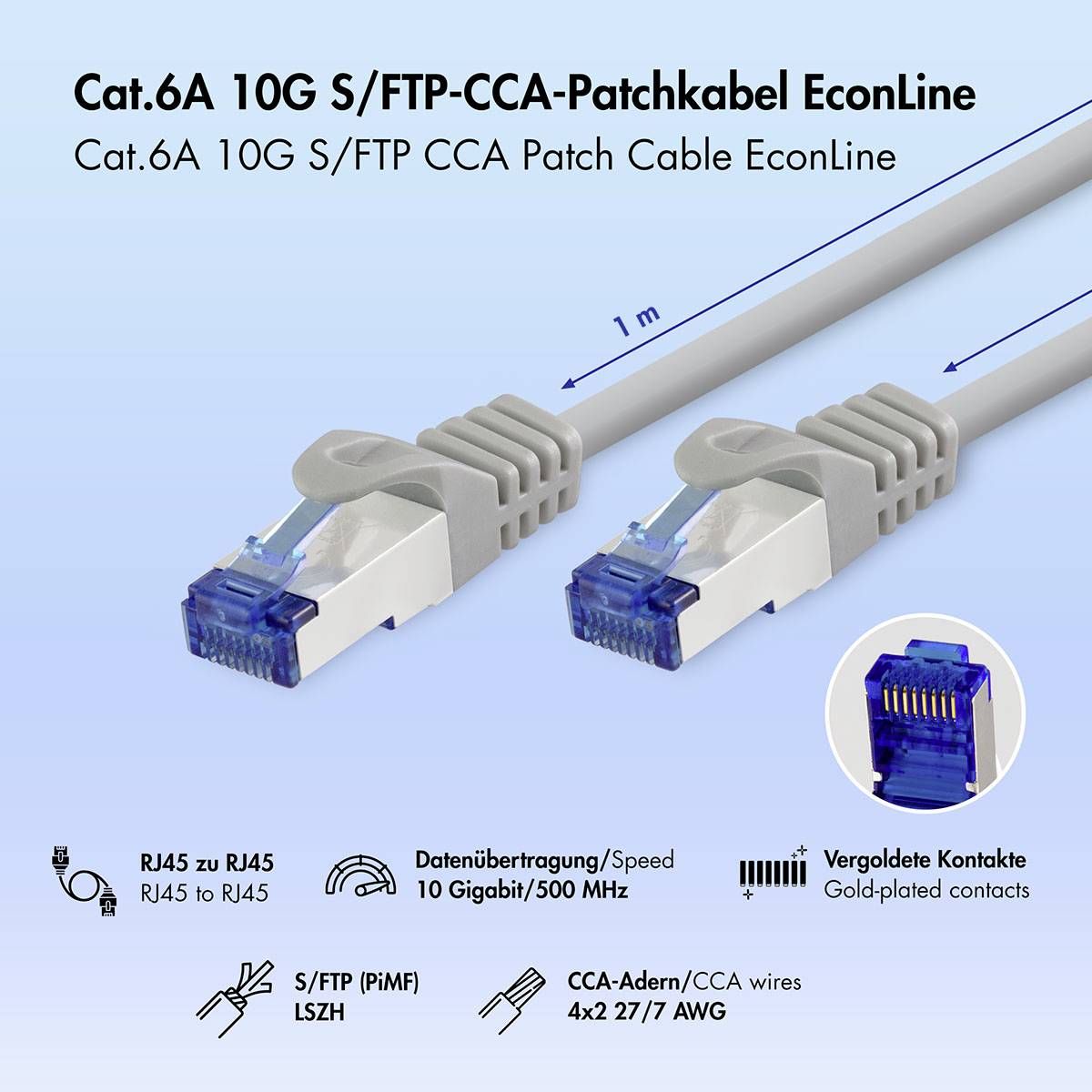 Produktabbildung eines Cat.6A 10G S/FTP CCA Patchkabels EconLine, zeigt zwei RJ45 Ethernet-Stecker, Kabellänge 1 m, und Eigenschaften: 10 Gigabit/500 MHz, vergoldete Kontakte, S/FTP LSZH, CCA-Drähte.