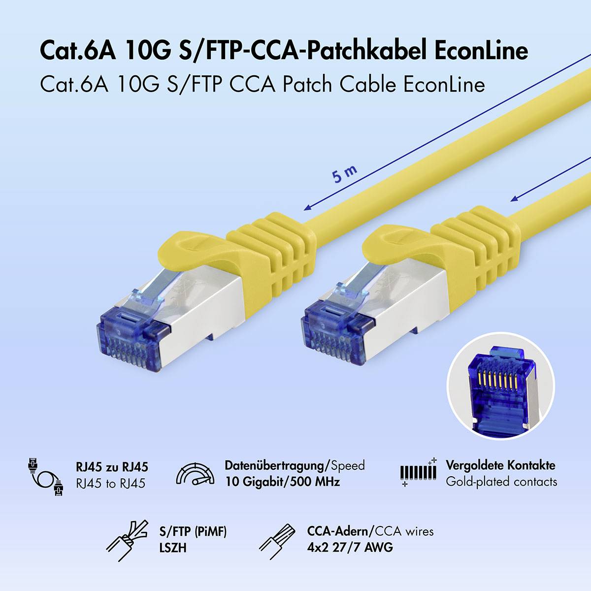 Produktbild eines gelben Cat.6A 10G S/FTP CCA Patchkabels, 5 m lang, mit RJ45-Steckern und Kennzeichnungen für vergoldete Kontakte, 10 Gigabit/500 MHz und CCA-Drähte 4x2 27/7 AWG.