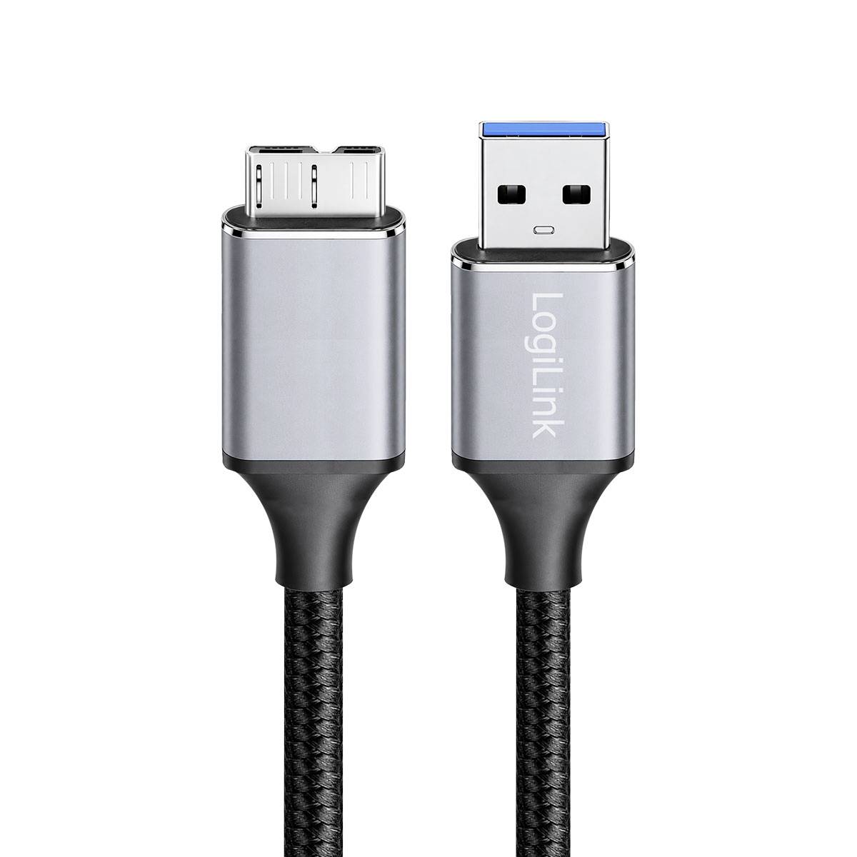 Zwei Nahaufnahmen von USB-Steckern, einer Lightning- und einer USB-A-Stecker, auf geflochtenen Kabeln gezeigt; rechter Stecker mit der Marke „LogiLink" gekennzeichnet.