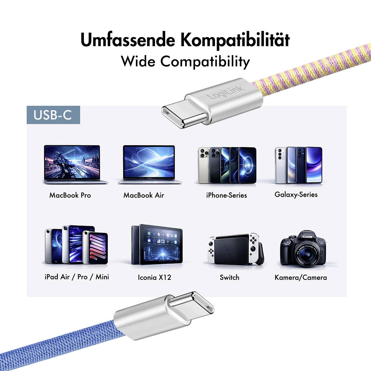 USB-C-Kabelanzeige zeigt "Breite Kompatibilität" mit MacBook, iPhone, Galaxy, iPad, Iconia X12, Switch und Kameras.