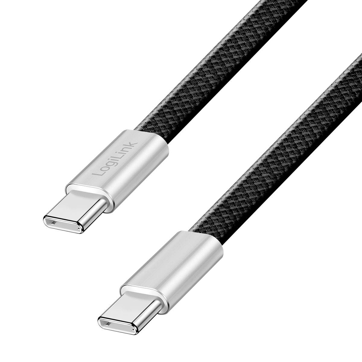 Zwei schwarze geflochtene USB-C-Kabel mit silbernen Steckverbindern, auf weißem Hintergrund gezeigt.