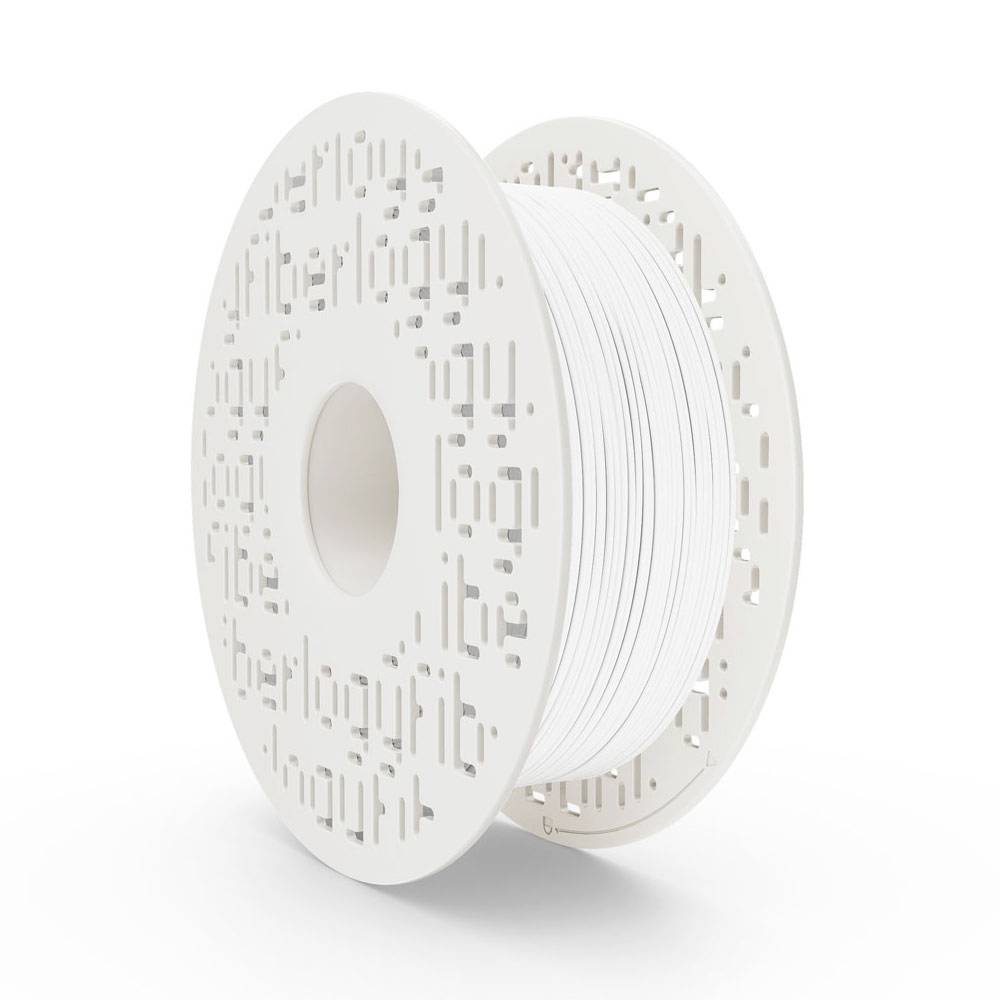 Spule mit weißem Filament auf einer perforierten Spule, dargestellt in einer sauberen, produktiven Renderdarstellung auf weißem Hintergrund.