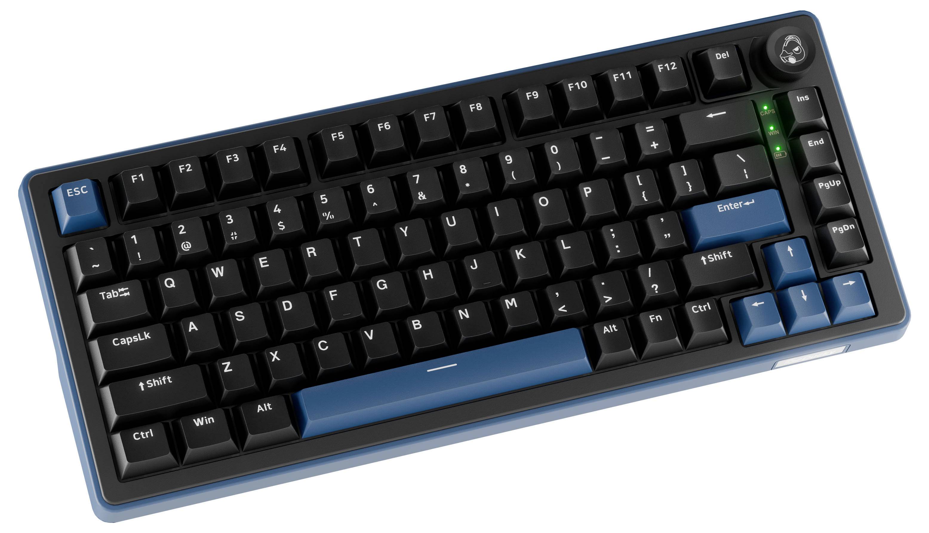 Abgewinkelter schwarzer Gaming-Tastatur mit blauen Akzenten und hinterbeleuchteten Tastenanzeigenindikatoren, dargestellt auf weißem Hintergrund.