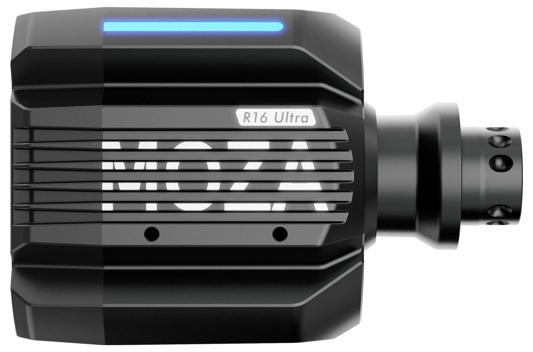 Schwarze R16 Ultra Kamera oder optisches Gerät mit leuchtend blauem oberen Streifen und zylindrischer Objektivfassung auf der rechten Seite.