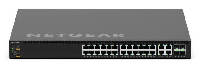 Vorderansicht eines NETGEAR-Netzwerk-Switches mit mehreren Ethernet-Anschlüssen und Statusleuchten auf einem grauen Gehäuse.