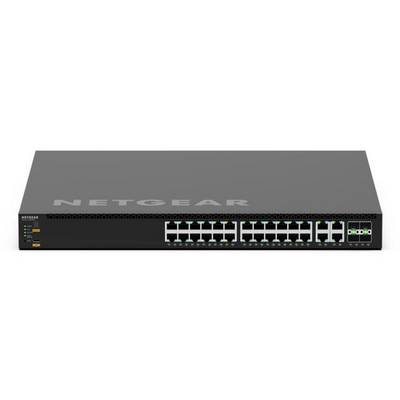 Vorderansicht eines NETGEAR-Netzwerk-Switches mit mehreren Ethernet-Anschlüssen und Statusleuchten auf einem grauen Gehäuse.
