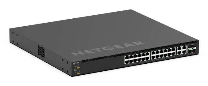 Schwarzer NETGEAR-Netzwerk-Switch mit vielen Ethernet-Anschlüssen auf der Vorderseite und Status-LEDs auf der linken Seite.