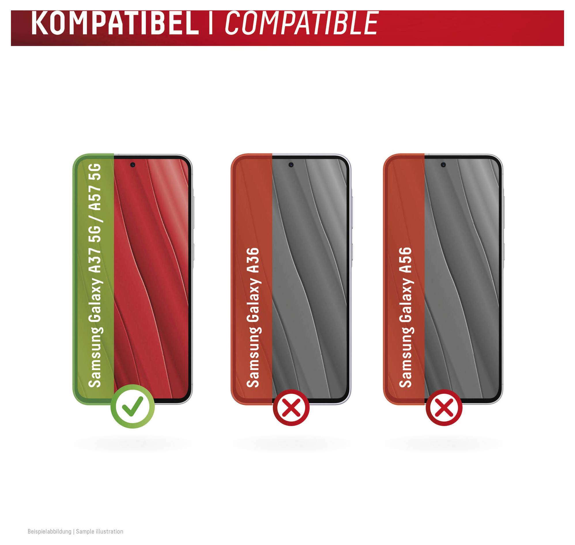 Kompatibilitätsgrafik, die Samsung Galaxy A37 5G/A57 5G als kompatibel gekennzeichnet zeigt, während Galaxy A36 und A56 als nicht kompatibel gekennzeichnet sind