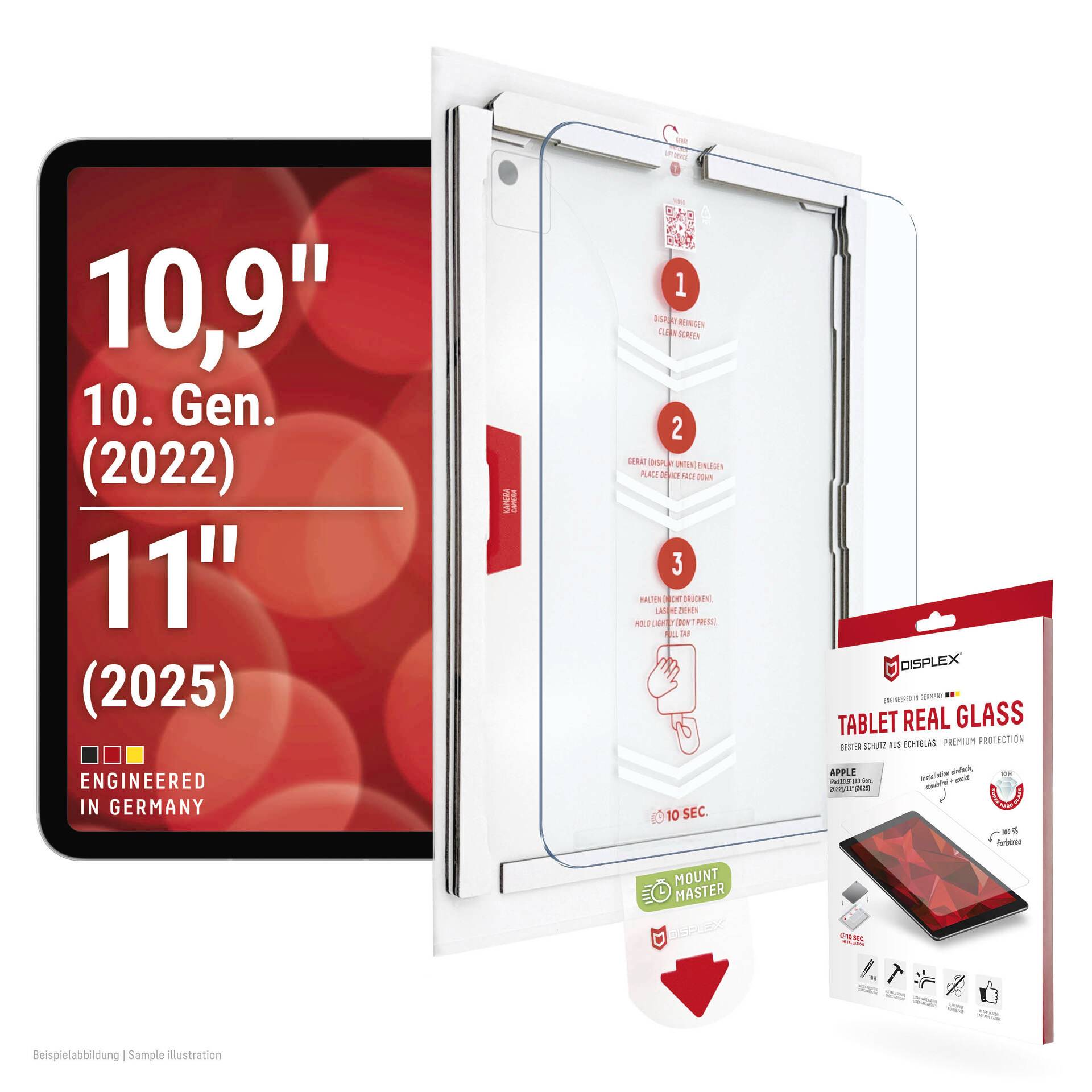 Produktbild einer Displayschutzfolie aus echtem Glas für 10,9-Zoll-Tablets (10. Generation 2022) und 11-Zoll-iPads (2025), gekennzeichnet mit „Tablet Real Glass" von DISPLEX.