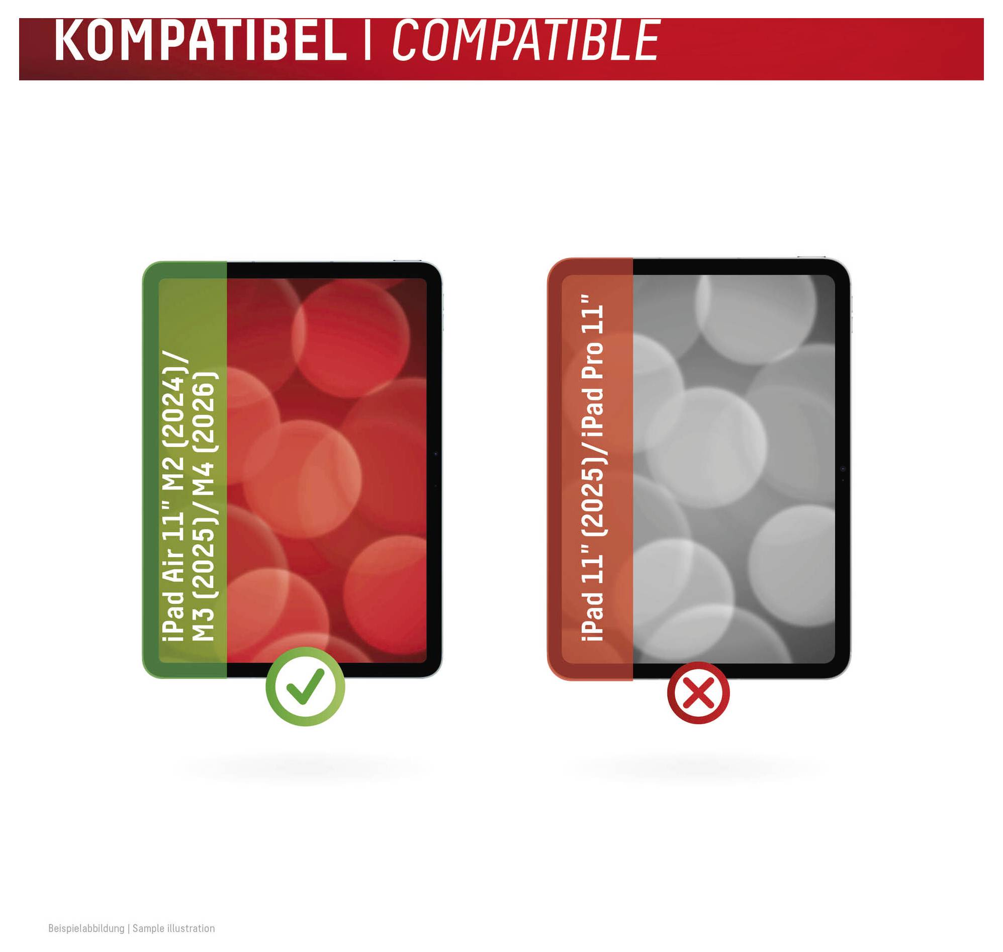 Kompatibilitätsgrafik, die auf der linken Seite ein grün markiertes iPad Air 11" und iPad M2/M3/M4-Hülle zeigt, und auf der rechten Seite eine rot durchgestrichene iPad Pro 11"-Hülle.