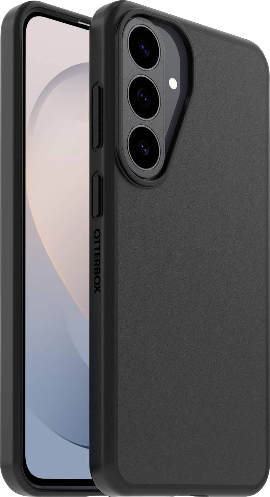 Schwarze OtterBox-Smartphone-Hülle auf einem Telefon gezeigt, mit erhöhtem Schutz um die dreifache hintere Kameraaussparung.