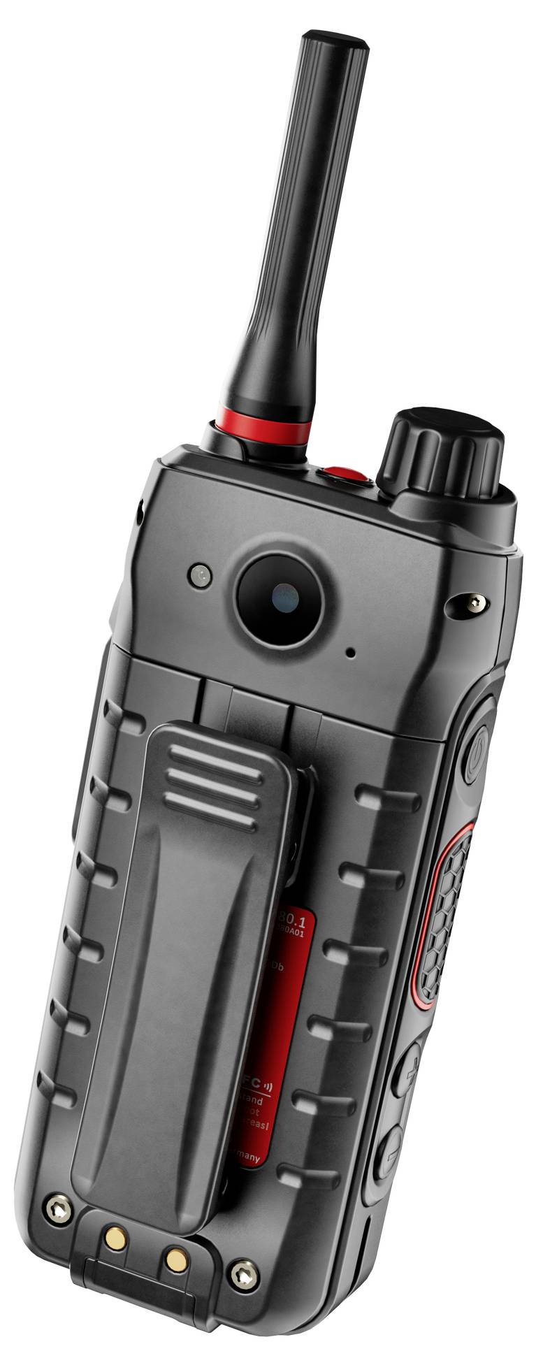 Robustes schwarzes Handfunkgerät mit langer Antenne und Gürtelclip, von hinten/seitlich gezeigt.