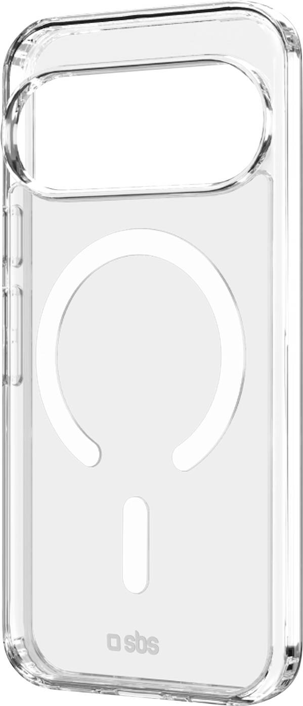 Transparentes Smartphone-Hülle mit weißem MagSafe-ähnlichem Magnetring und Kameraausschnitt, gezeigt auf schlicht strukturiertem Hintergrund.