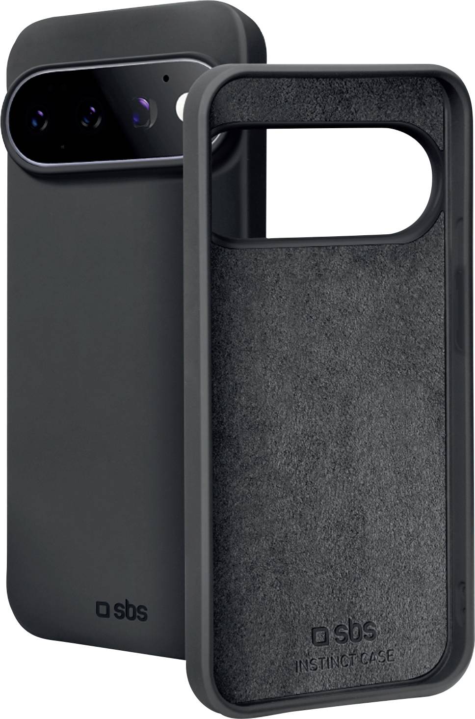 Zwei schwarze Smartphone-Hüllen, eine mit großem Kameraausschnitt und eine mit strukturiertem Innenbereich, auf weißem Hintergrund dargestellt.