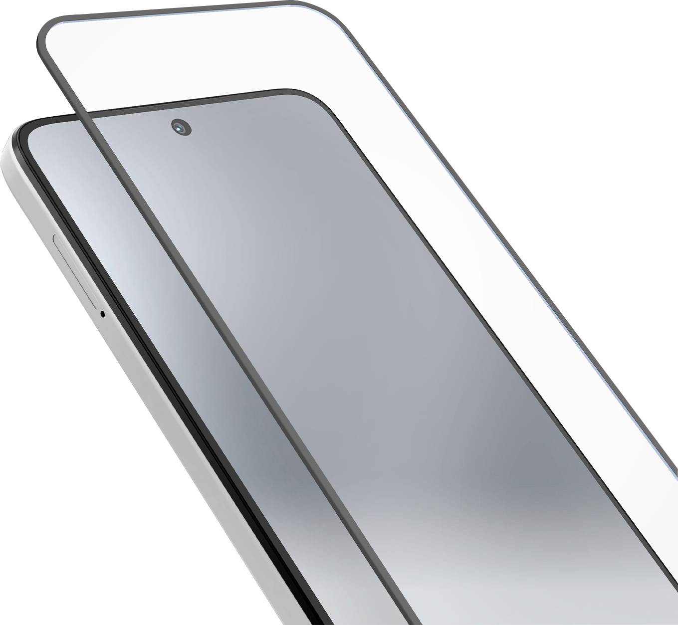 Smartphone mit einer transparenten Schutzfolie, die teilweise über das Display angehoben ist, was auf die Installation oder den Austausch einer Displayschutzfolie hindeutet.