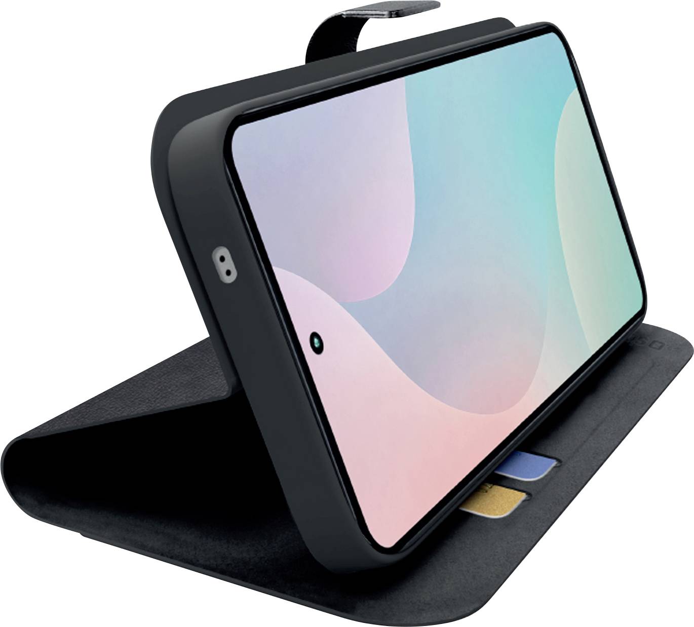 Smartphone auf einem schwarzen Klappständer, in Landschaftsorientierung angewinkelt aufrecht mit einem Bildschirm mit Pastellverlauf.
