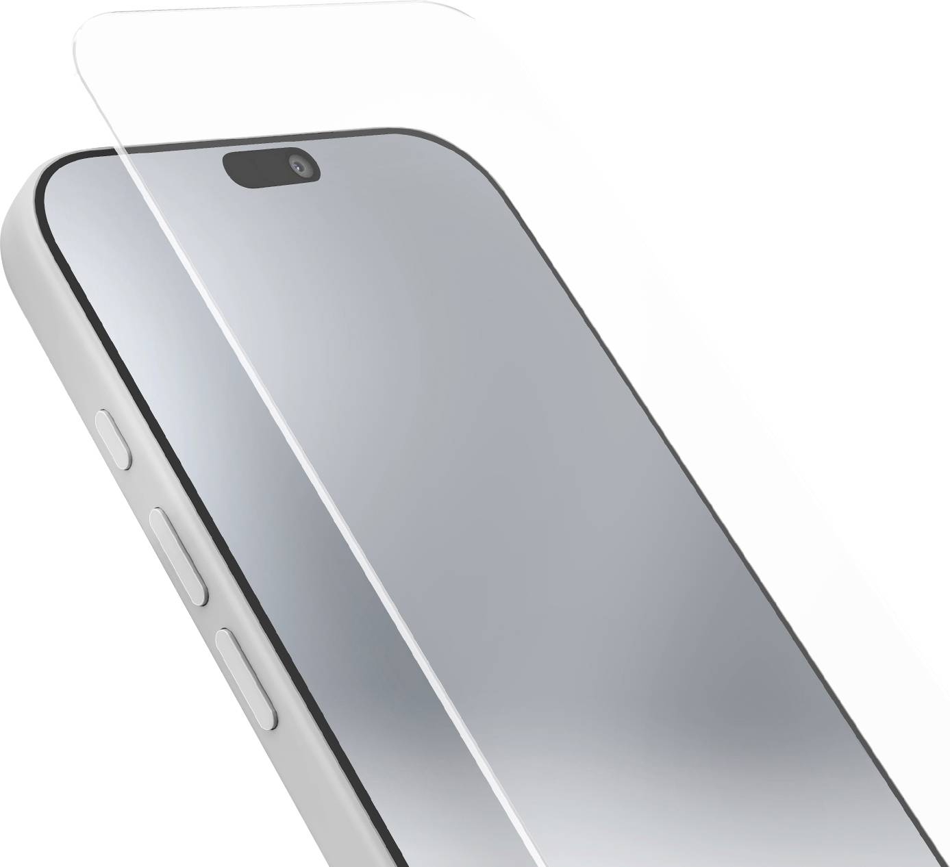 Ein Smartphone, das in einem Winkel dargestellt ist, während eine transparente Displayschutzfolie über sein Display ausgerichtet wird.