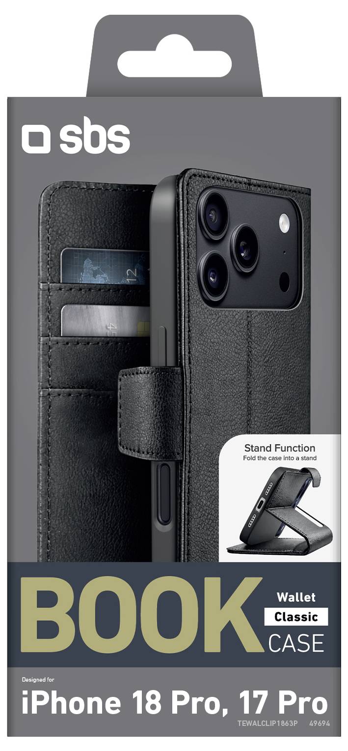 sbs mobile Wallet Classic Booklet Apple iPhone 18 Pro, iPhone 17 Pro Schwarz TEWALCLIP1863P-1