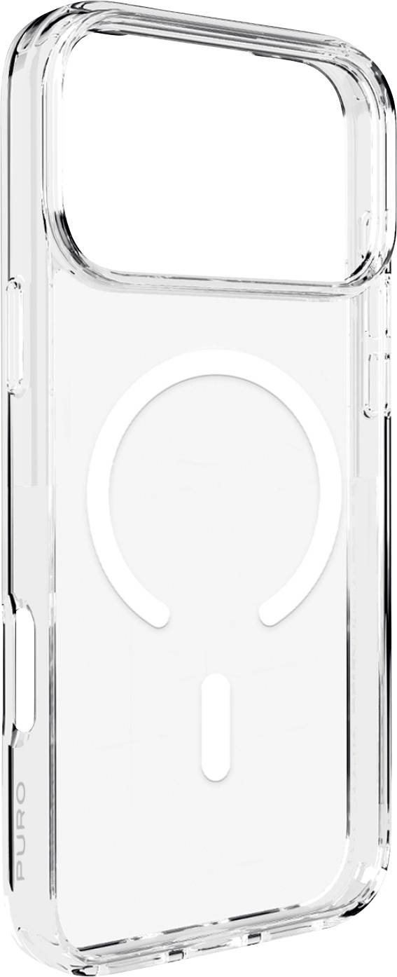 Transparente Handyhülle mit einem MagSafe-ähnlichen kreisförmigen Magnetring und Aussparung für die Kamera, gezeigt auf weißem Hintergrund.