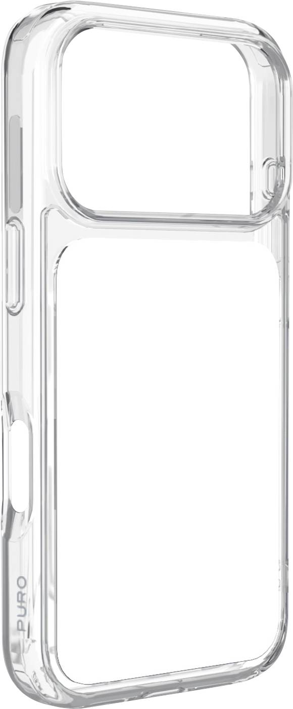 Transparente, durchsichtige Smartphone-Hülle mit einem großen rechteckigen Ausschnitt oben, auf weißem Hintergrund abgebildet.
