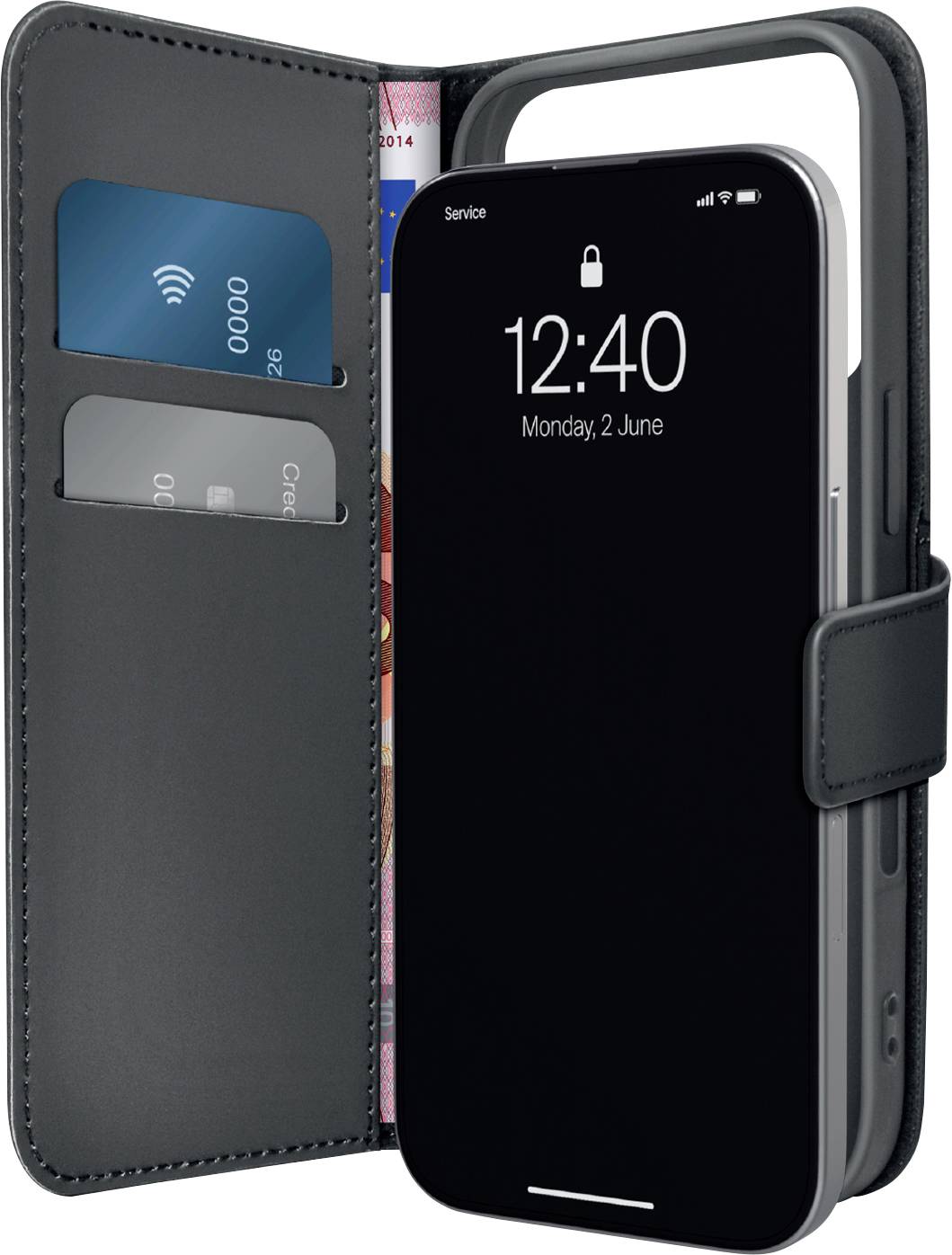Schwarze Folio-Handyhülle mit aufgeklapptem Vorderdeckel, die ein Smartphone im rechten Fach und Kartentaschen in der linken Klappe zeigt.