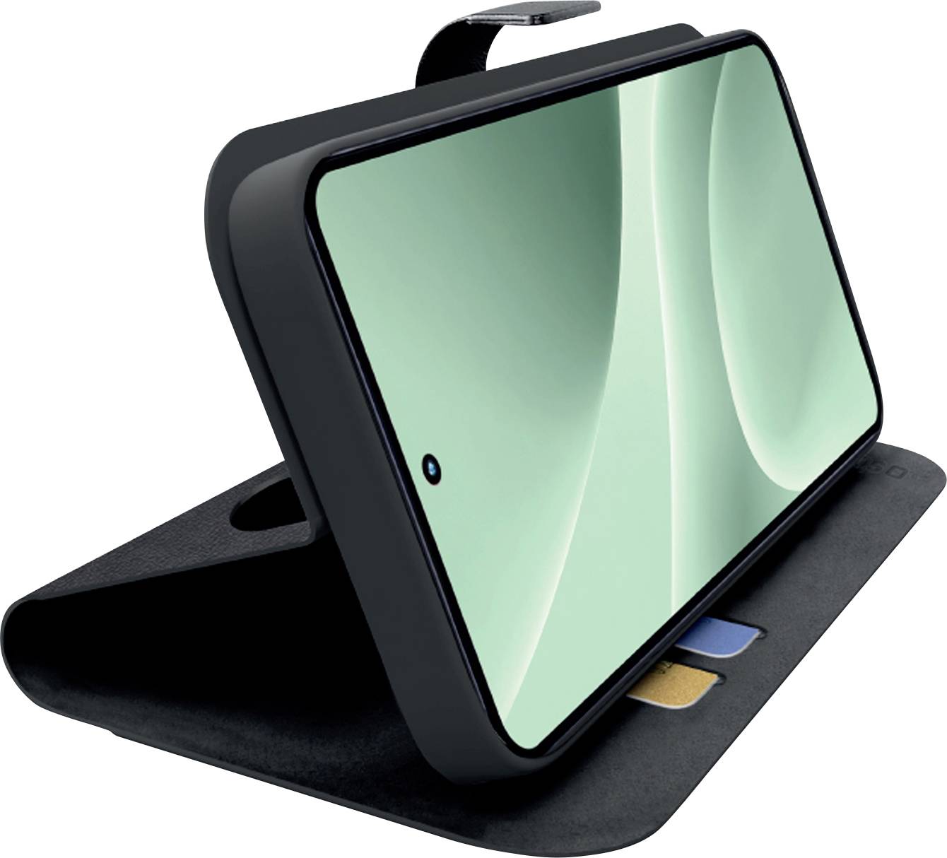 Tablet in einem Foliodeckel-Ständer mit integriertem Griff, angewinkelt offen auf weißem Hintergrund dargestellt.
