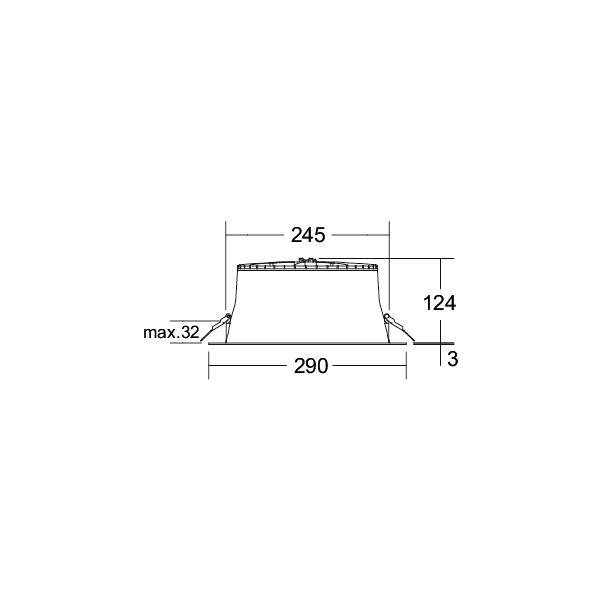 Technische Dimensionszeichnung eines konischen Teils, 245 breit oben, 290 breit an der Basis, 124 Höhe, 3 Basisdicke und max. 32 Seitenwinkel.