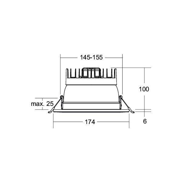 Technische Maßzeichnung einer Einbauleuchte mit Breite 145-155, Höhe 100, Basis 174 und maximalem Seitenwinkel 25°.