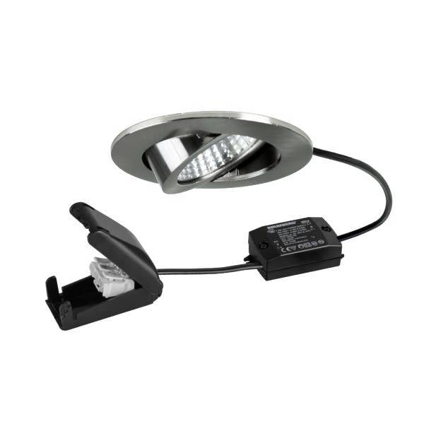 Runder, eingelassener LED-Spot mit Gehäuse, Treiber-Box und angeschlossenem Niederspannungskabel, gezeigt auf weißem Hintergrund.