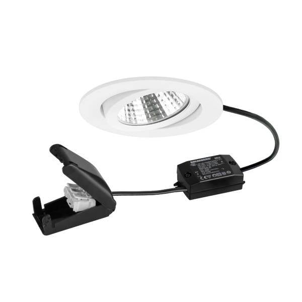 Weiße bündige LED-Einbauleuchte mit Treiber und Schnellverbinder-Anschlusskabel auf weißem Hintergrund.