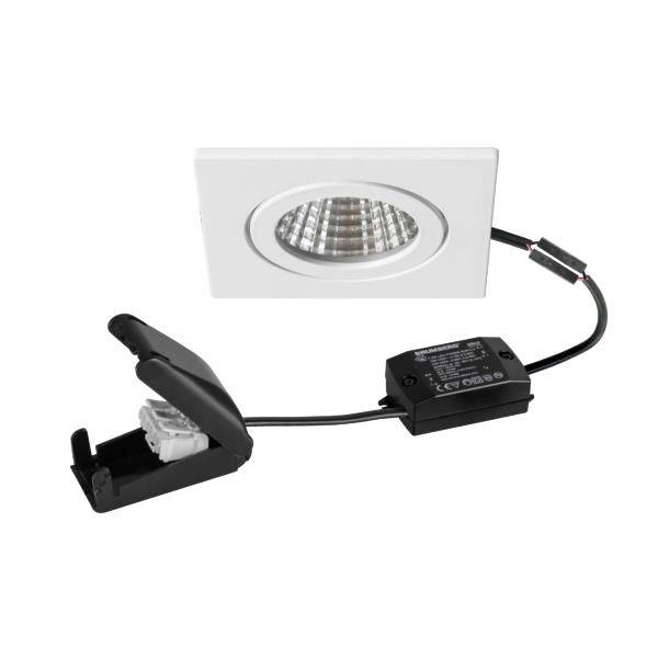 Weißes quadratisches, versenkt angebrachtes LED-Einbauleuchten-Set mit Treiber und Feder-Befestigungsclips, dargestellt mit Verdrahtung auf weißem Hintergrund.