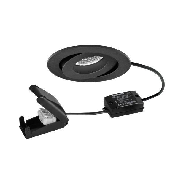 Schwarze versenkte LED-Einbauleuchte mit Blende, Treiberbox und Federklemm-Befestigung auf weißem Hintergrund dargestellt.