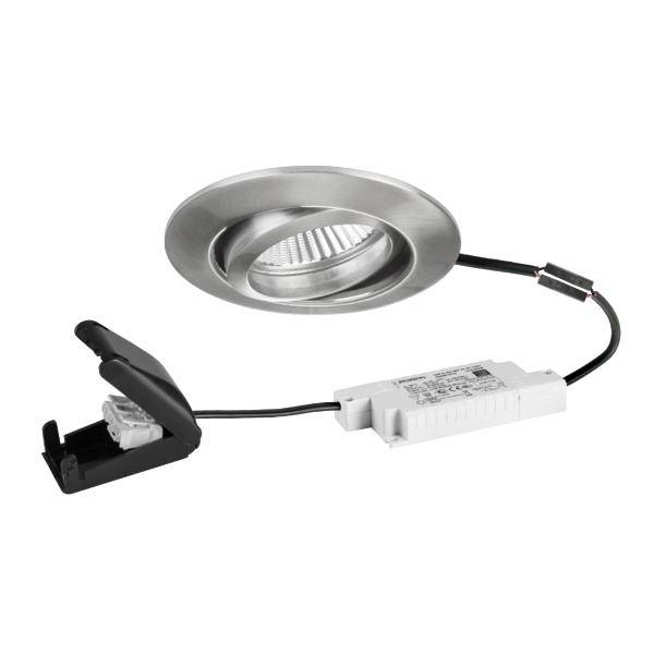 Eingebauter LED-Einbauleuchten-Set mit silberner Blende, weißem Treiber und schwarzem Federklemmen, verbunden durch Drähte auf weißem Hintergrund.