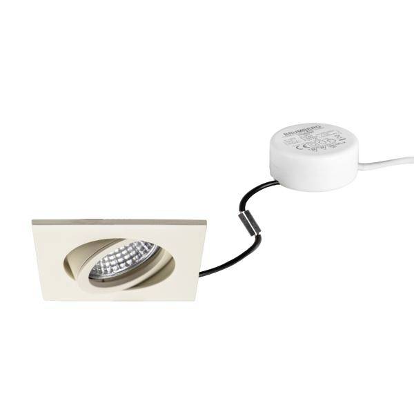 Eingebauter Deckenspot mit quadratischem Trimring und runder LED-Lampe, verbunden durch ein Kabel mit einem weißen Treibermodul.