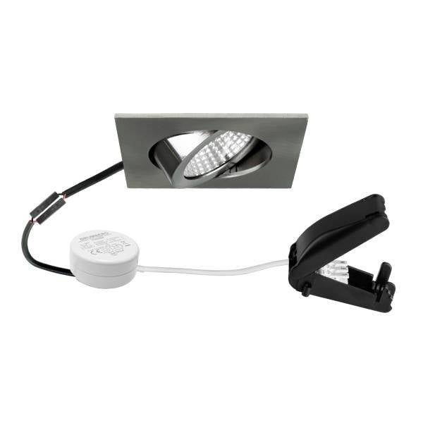 Eingebaute quadratische LED-Leuchte mit integriertem Treiber und Federklemme zur Deckenmontage.