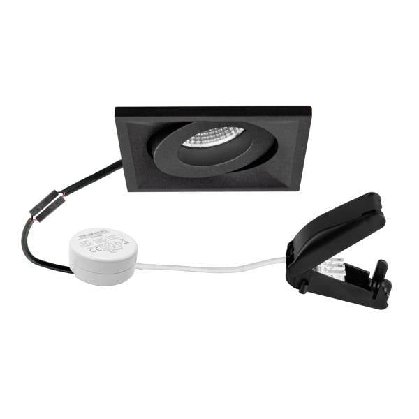 LED-Einbauspot-Set in Schwarz mit quadratischer Blende, verbundenem Kabel, rundem Treiber und Federklemme