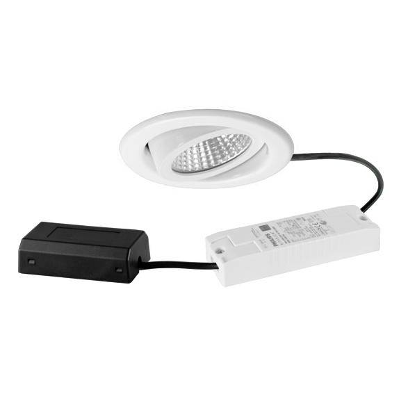 Weiße LED-Einbauleuchte mit angebrachten schwarzen und weißen Treiberboxen auf einem Kabel, dargestellt vor einem einfachen Hintergrund.