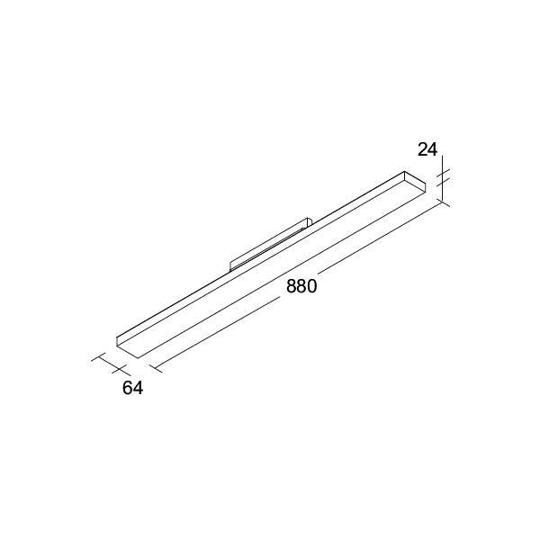 Isometrische technische Zeichnung eines langen rechteckigen Stabes, 880 mm lang, 64 mm breit und 24 mm hoch.