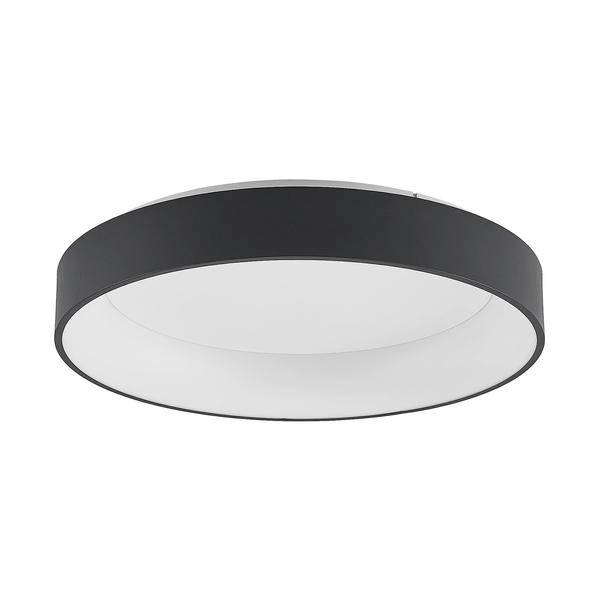Rundes schwarzes Deckenleuchten-Gehäuse mit weißem Diffusor, vor einem neutralen Hintergrund dargestellt.