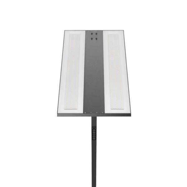 Solarleuchte für Straßen mit rechteckigem LED-Panel und zentralem Montagemast auf weißem Hintergrund.