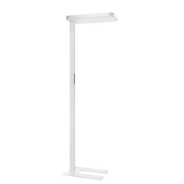 Minimalistische weiße Stehleuchte mit schlankem vertikalen Ständer, flachem rechteckigem Lampenkopf und U-förmiger Basis auf einfachem Hintergrund.