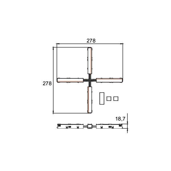 Technische Zeichnung einer kreuzförmigen Befestigung, 278 mal 278 mm, mit Seitenansicht, die eine Dicke von 18,7 mm und kleine Komponentendetails zeigt.