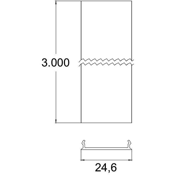 Technische Zeichnung eines rechteckigen Panels mit einem horizontalen Bruch, mit Abmessungen 3.000 hoch und 24,6 breit, mit einem kleinen Profilquerschnitt unten.