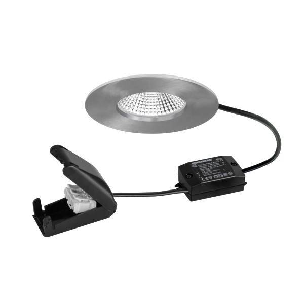 Runde, eingelassene LED-Deckenleuchte mit Treiber und Anschlusskabeln, dargestellt als Produktbild auf weißem Hintergrund.