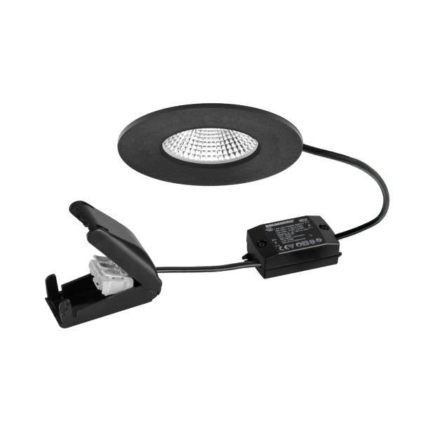 Schwarze versenkte LED-Einbauleuchte mit integriertem Netzteil und Clip-Halterungsklammer auf weißem Hintergrund.