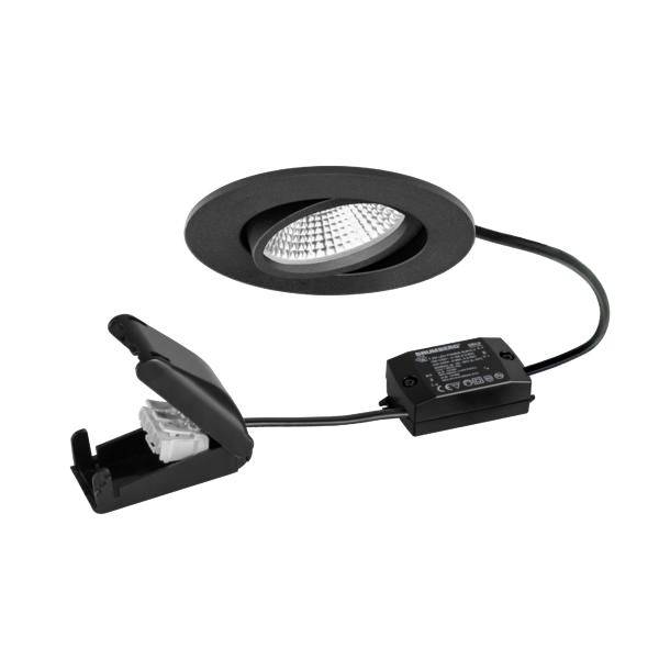 Schwarzes versenktes LED-Einbauleuchten-Set mit separatem Treiber und Federklemm-Befestigung auf weißem Hintergrund.