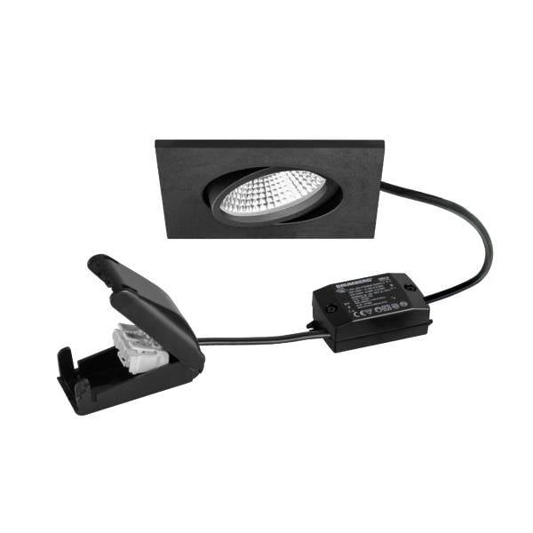 Schwarzer eingebauter LED-Deckeneinbaustrahler-Kit mit quadratischer Zierleiste, angeschlossenem Treiber und Befestigungsclip.