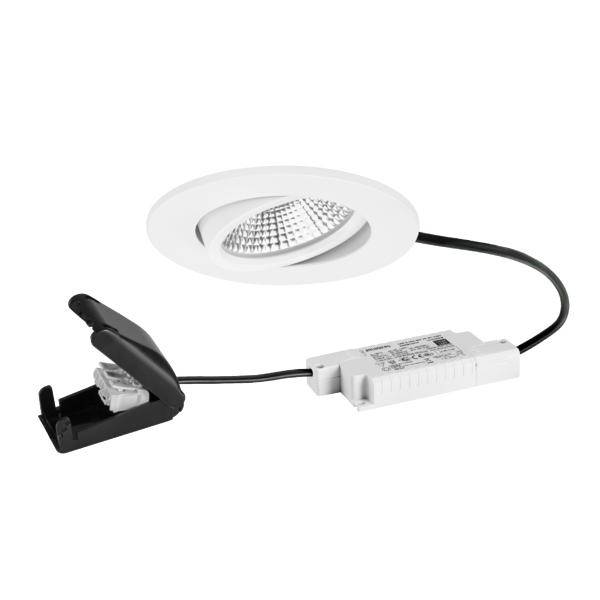 Weiße eingebaute LED-Deckenleuchte mit integriertem Treiber und Federclips zur Deckeninstallation.